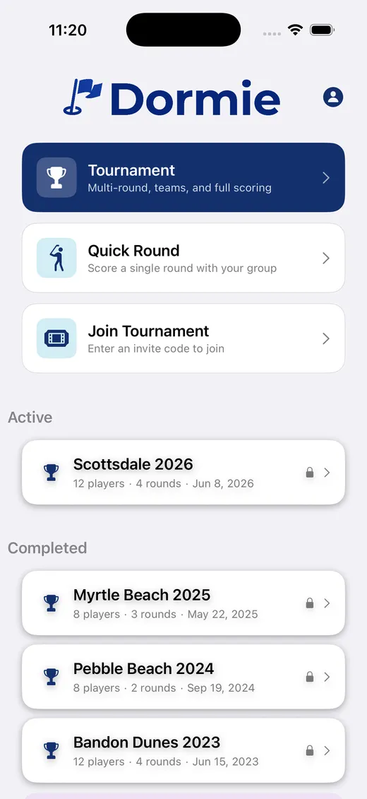 Tournament list on the Dormie home screen