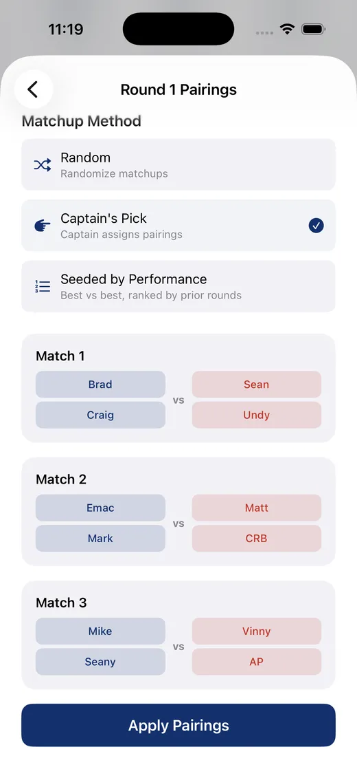Assigning pairings during tournament setup in Dormie