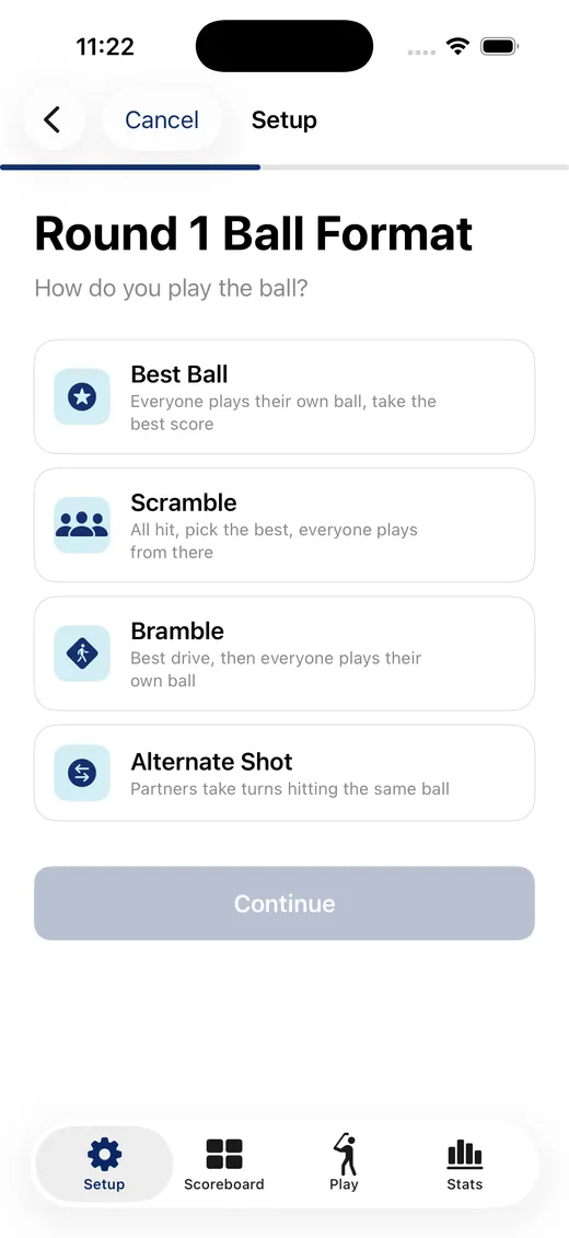 Selecting a scoring format during tournament setup in Dormie