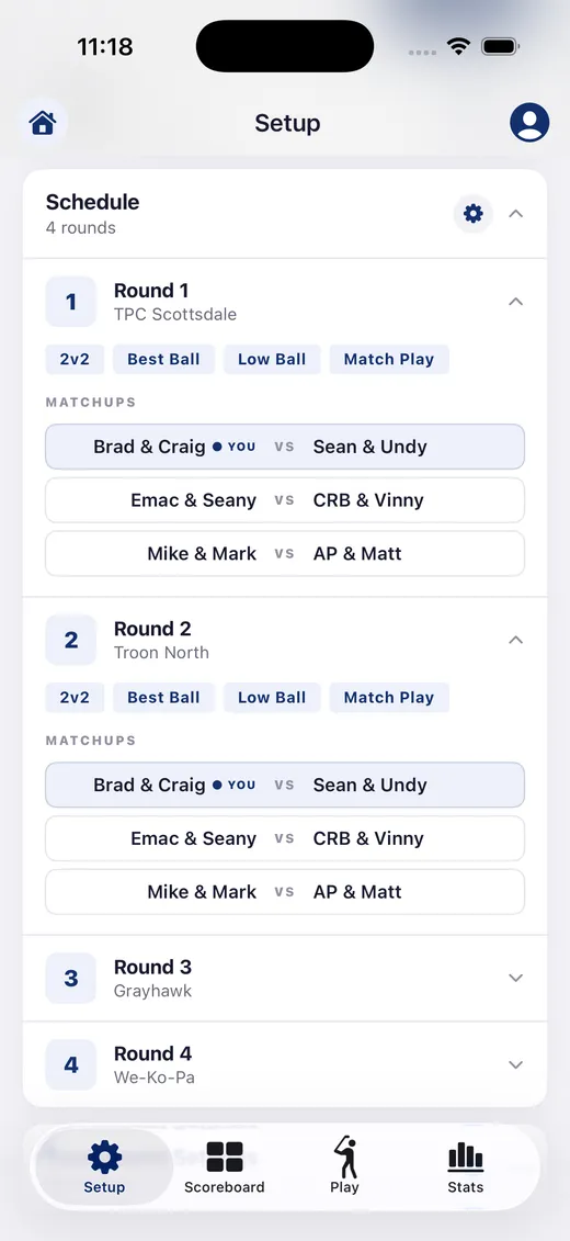 Schedule and matchups setup screen in Dormie