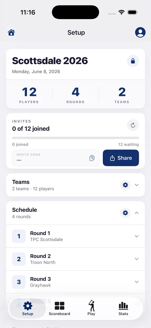 Tournament overview screen during setup in Dormie