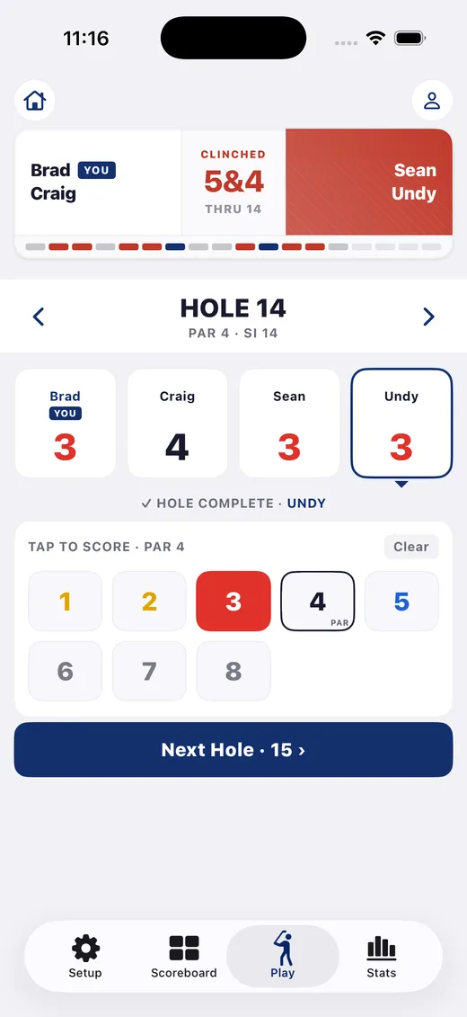 Live stroke entry during a match play round in Dormie