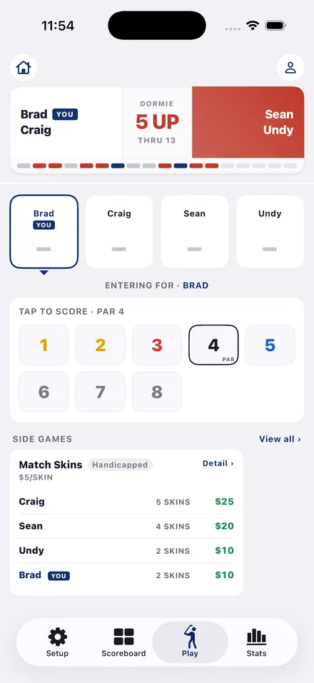 Stroke entry with skins side game tracked in Dormie